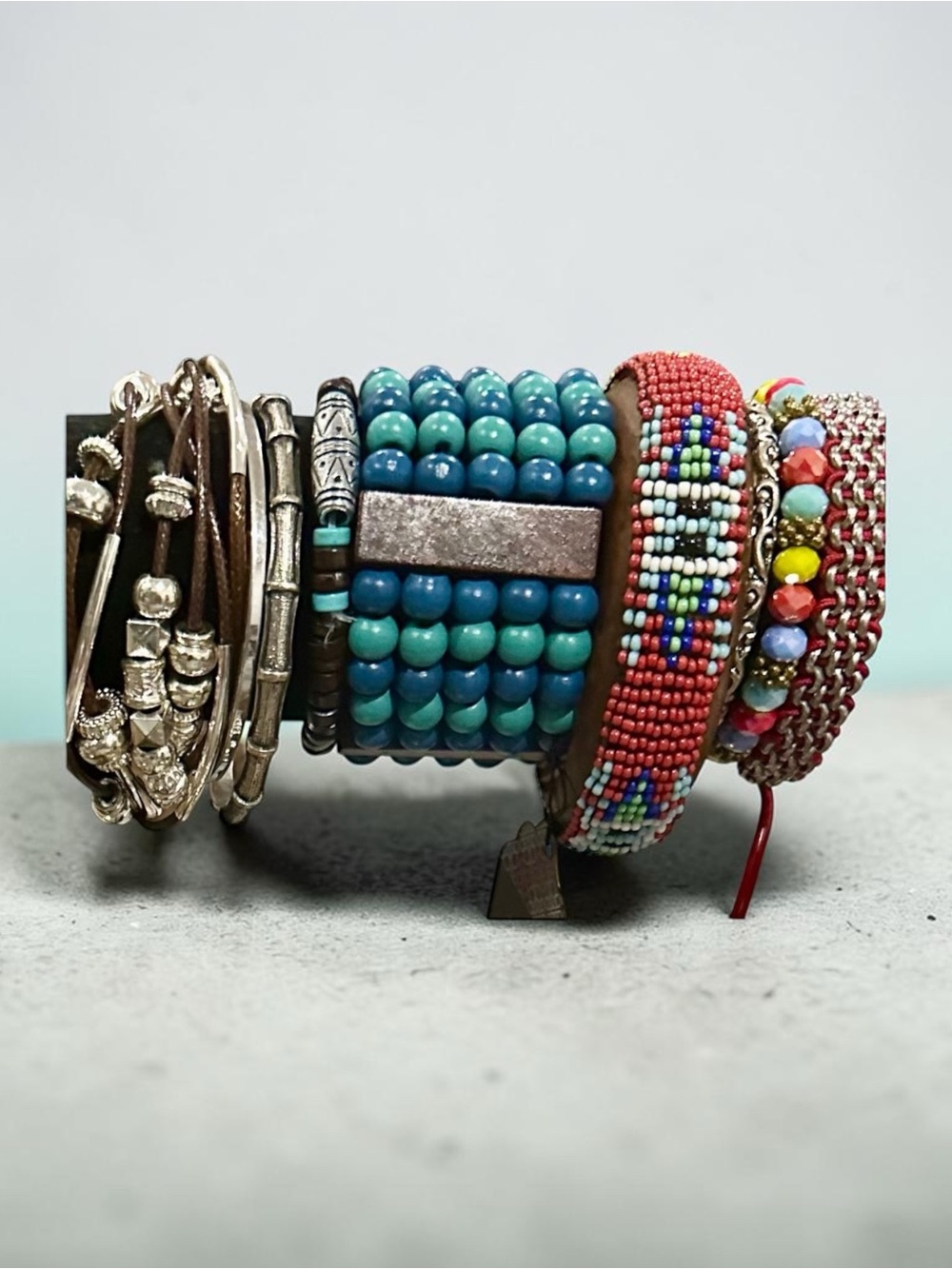 Boho Beaded Bracelet Stack Multi Strand Leather Turquoise Coral Silver Cuff Set